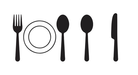 Black and white illustration of a plate, fork, spoons, and knife set for dining.