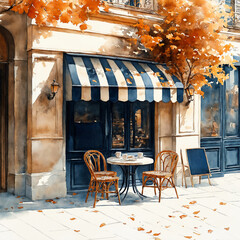 cozy outdoor café decorated in warm autumn tones. In front of the blue doors and windows, there is a small table with two wicker chairs. On the table are cups and saucers, evoking a peaceful atmospher