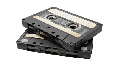 two Audio Cassette Tapes one on top ther other Cassette  isolated on transparent white background  Used Audio Cassettes Close-Up 