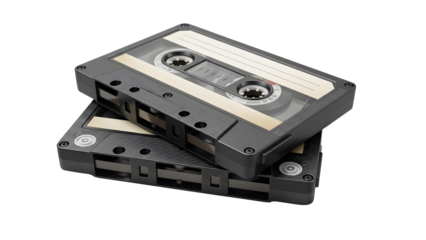 two Audio Cassette Tapes one on top ther other Cassette  isolated on transparent white background  Used Audio Cassettes Close-Up 