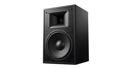 Obraz premium Black Studio Monitor Speaker isolated on transparent white background Single Black Stage Speaker — Close-Up Product Photo