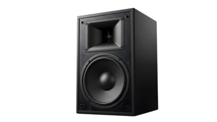 Black Studio Monitor Speaker isolated on transparent white background  Single Black Stage Speaker — Close-Up Product Photo