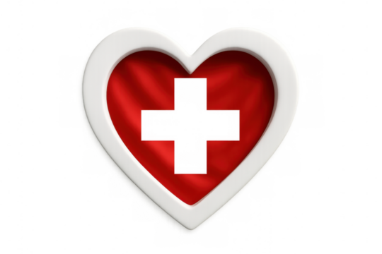 White heart-shaped frame rendering revealing red cross, symbolizing healthcare compassion against transparent backdrop - Powered by Adobe