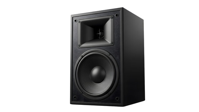 Black Studio Monitor Speaker isolated on transparent white background  Single Black Stage Speaker &mdash; Close-Up Product Photo