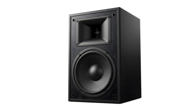 Black Studio Monitor Speaker isolated on transparent white background  Single Black Stage Speaker — Close-Up Product Photo