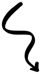 Hand drawn black arrow curve, pointing down, isolated on white background, brush stroke style.