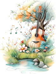 guitar leaning against a tree by a stream, surrounded by flowers, grass, and floating musical notes, creating an atmosphere of peace and nature’s music