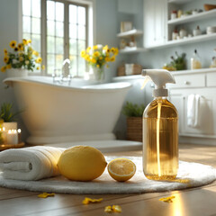 cozy bathroom with a white interior, where lemons, a towel, and a bottle of lemon spray rest on a soft rug in front of the bathtub