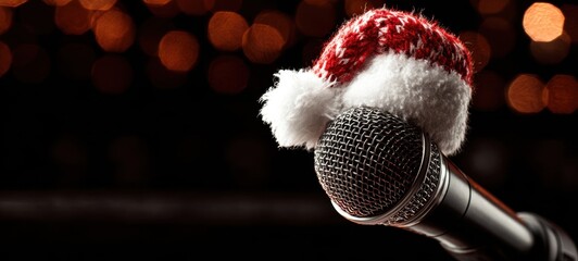 The festive microphone adorned with a Christmas hat for joyful performances