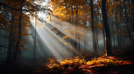 Obraz premium Golden Rays Across Misty Forest with Fallen Leaves