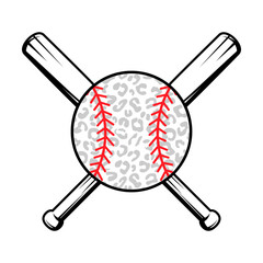 Baseball ball on baseball bats, leopard print softball svg cut file. Isolated vector illustration.
