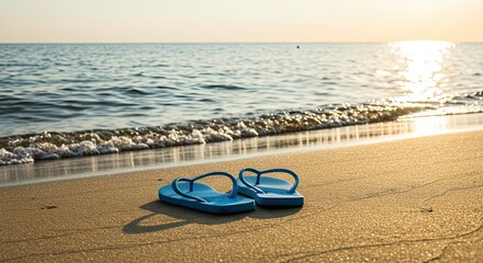 Blue Flip Flops on Golden Sand Beach at Sunset
