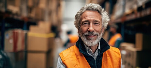 The smiling older warehouse worker in safety vest overseeing operations.