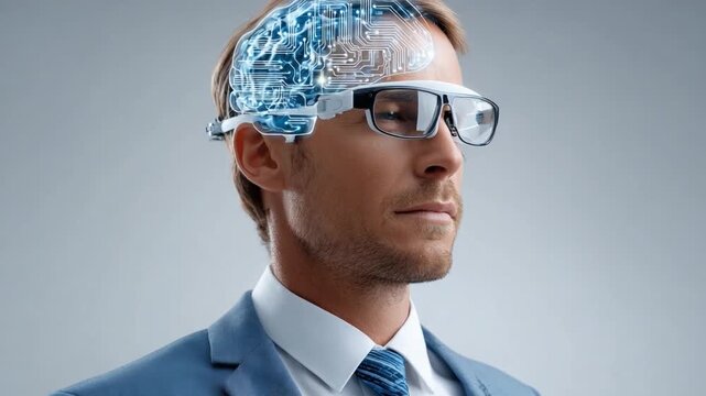 Mind Technology: A man wearing a high-tech headset that visualizes the brain in a captivating display, showcasing the synergy of human intellect and advanced technology. 