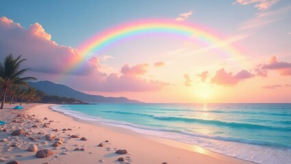 Fototapeta premium Pastel Rainbow Over Ocean Waves at Sunset on Serene Beach