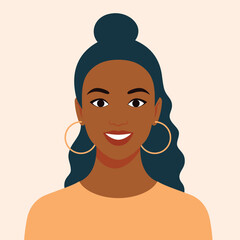 Vector illustration of a smiling young woman with dark skin, hoop earrings, and a bun hairstyle. Perfect for avatars, social media icons, and profile pictures.