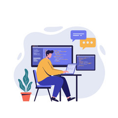 Male programmer coding on laptop with two monitors and plant  