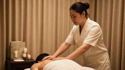Spa worker preparing massage room 