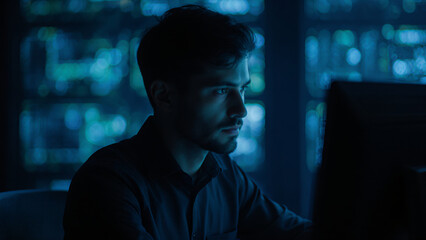 Cybersecurity expert at dark-lit workstation 