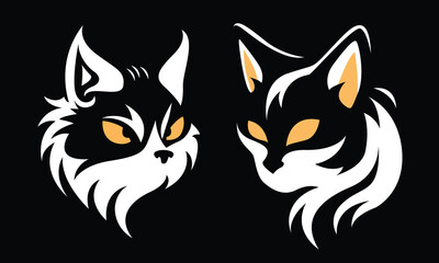 Obraz premium Two stylized cat portraits, black and white, with glowing yellow eyes, side-by-side.