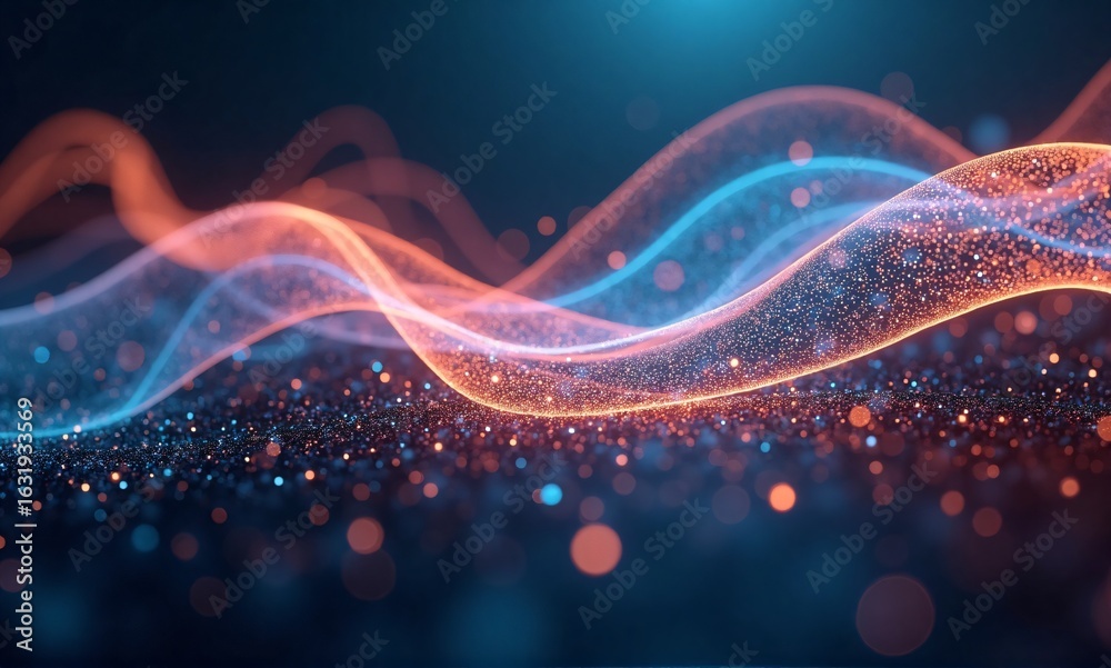Wall mural mesmerizing waves of sparkling orange and blue light particles flow dynamically across a deep, dark 