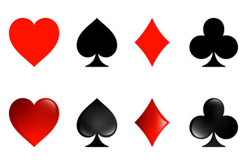 Playing card icons, poker card symbols, and a pack of cards in a flat vector style. Transparent background 