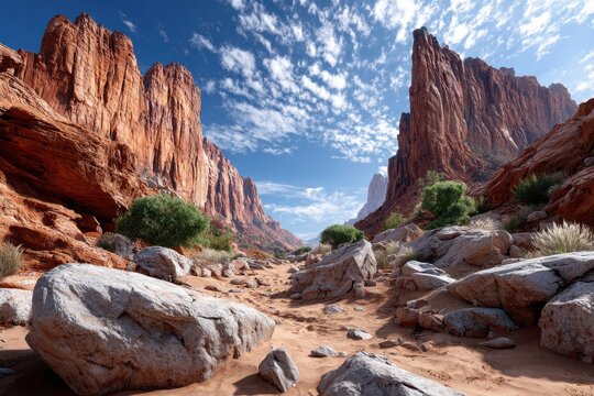 Stunning red rock canyon landscape under a bright blue sky during midday - Powered by Adobe
