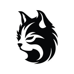 A stylized, black and white illustration of a feline head, depicted in profile.