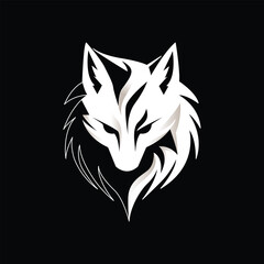 A stylized, white wolf head illustration with sharp features, set against a solid black background.