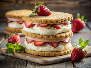 Homemade layered strawberry shortcake with cream and fresh mint on a rustic board