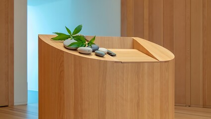 Serene spa bench with smooth stones and green leaves