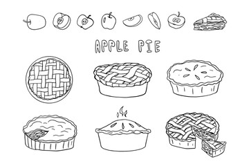 Set of of apple pies in different shapes in a doodle style. A piece of apple pie. Apple. Bakery. Sweet food. Vector illustration