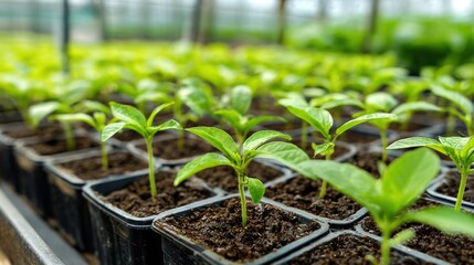 Fragrant Plants process. Green seedlings growing in pots, thriving in a greenhouse environment.