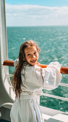 A happy 7-8 year old girl in a white robe stands in a cruise ship cabin, smiling as she looks out at the beautiful sea on a sunny day. A joyful moment of travel, relaxation, and childhood wonder.