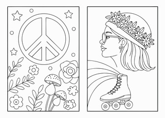 Obraz premium A bohemian coloring page featuring peace sign roller skates and floral design elements in black and white