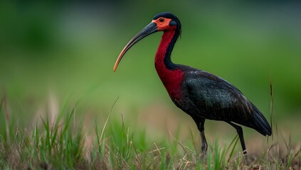 Fototapeta premium Red naped Ibis with black feathers and a curved beak standing on green grass. Its bright red head contrasts beautifully with the soft, natural background.
