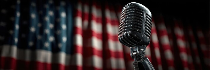 Vintage microphone stands in front of an American flag backdrop during a live performance event in an indoor venue