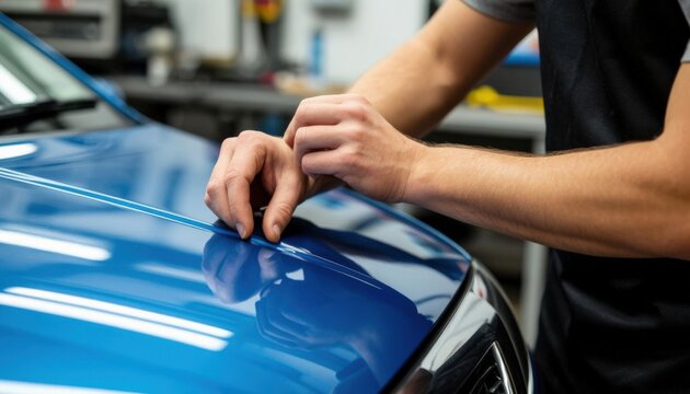 Close-up of hands applying vinyl wrap to a car — showcasing precision, customization, and surface transformation. Ideal for auto styling, branding visuals, and customization service campaigns