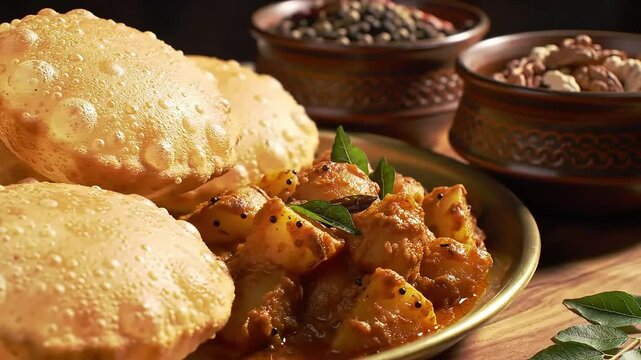Traditional indian food display with poori and aloo sabzi with spices and herbs