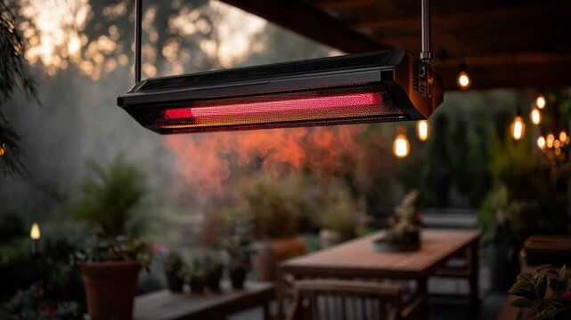 Infrared patio heater warming cozy outdoor terrace at sunset &ndash; warm ambient lighting in earthy tones &ndash; video content for smart home, backyard comfort, or autumn campaigns