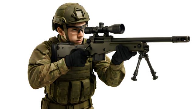 Photorealistic Soldier with AWM Sniper Rifle – Cutout PNG with Transparent Background