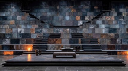 Empty stage with tiered stone walls and seating.