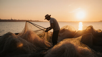 Fisherman preparing nets at dawn 