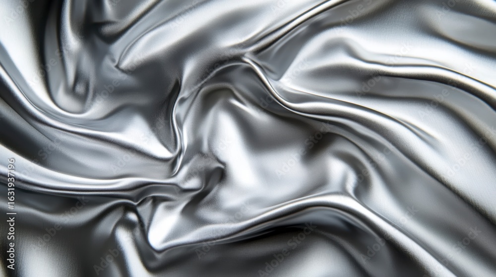 Sticker abstract close-up of silver fabric with flowing, wavy texture and soft light.