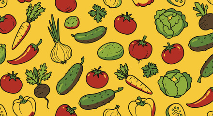 Colorful vegetable pattern on a vibrant yellow background.