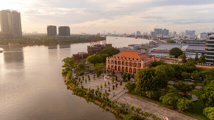 Aerial view of early morning at Nha Rong wharf and Bach Dang harbor in Ho Chi Minh City, Vietnam