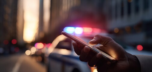 The smartphone in hand amid a bustling city scene with police presence.