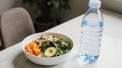 Healthy lunch on desk with water bottle 