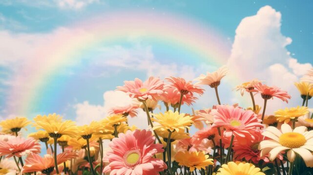 Vibrant daisies in a low-angle shot under a clear sky with a rainbow. The video captures a dreamy, serene atmosphere with soft, pastel colors. Live desktop wallpaper.