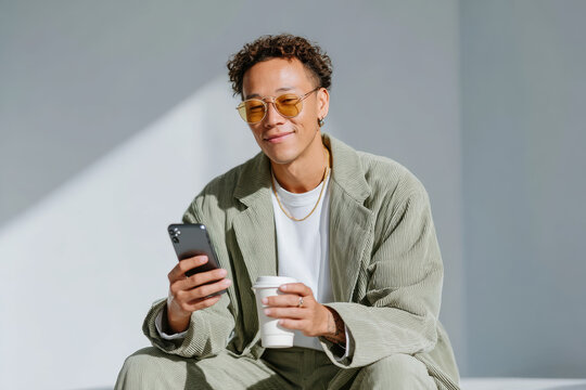 Stylish man enjoying coffee and browsing smartphone